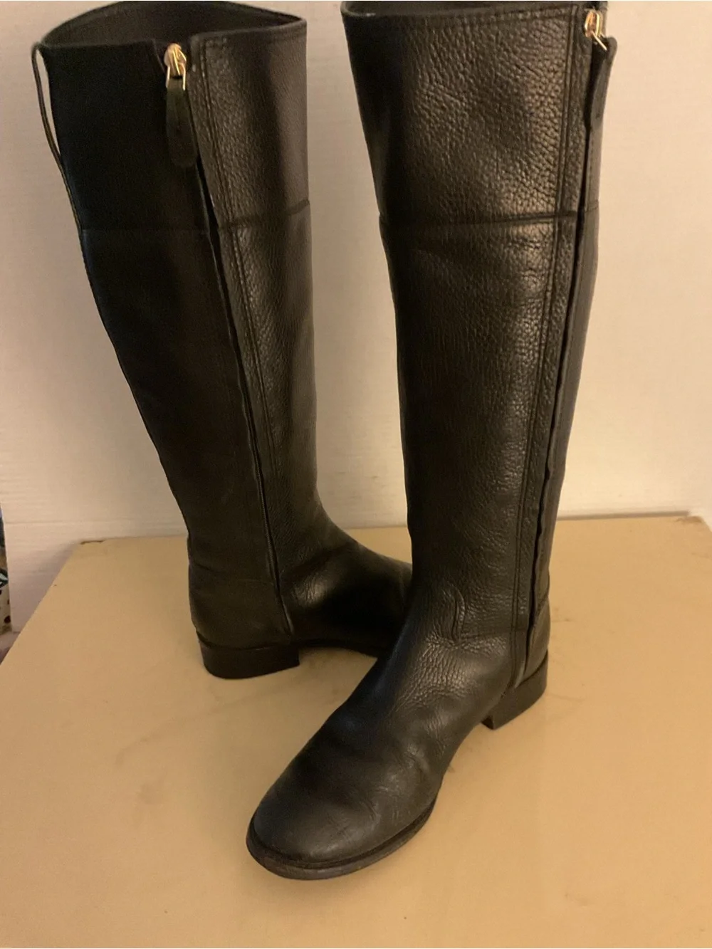 Tory Burch women Black Leather Knee-High Riding Boots with Gold Logo boots US 7